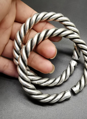 仿古古玩苗银藏银三股实心开口手镯银镯子女手环一对