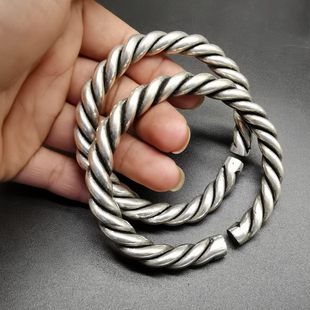 仿古古玩苗银藏银三股实心开口手镯银镯子女手环一对