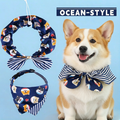 宠物狗围巾条纹海军风蝴蝶结围脖三角巾头套柴犬柯基金毛中大型犬