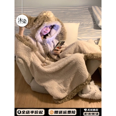 毛绒可爱兔耳朵连帽珊瑚绒睡袍冬季女款2025新款可外穿家居服睡衣
