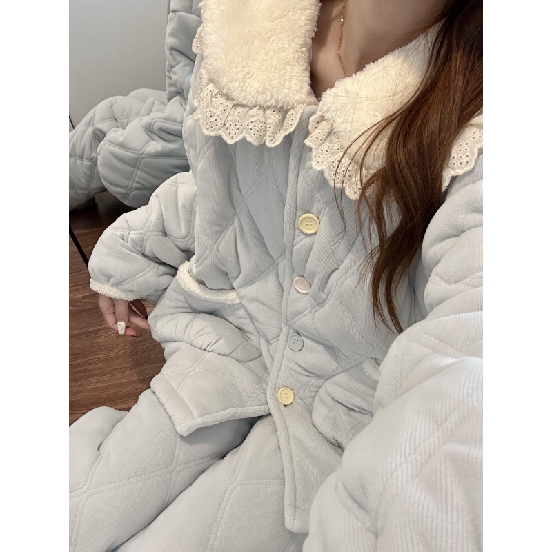 法式可爱娃娃领花边保暖三层夹棉睡衣冬季女新款加绒加厚居家套装