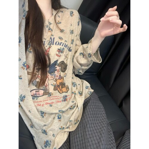 沐染家 简约松弛感卡通碎花睡衣女秋季休闲格子长裤家居服两件套