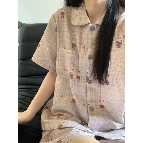 沐染家甜美格子兔子印花睡衣女