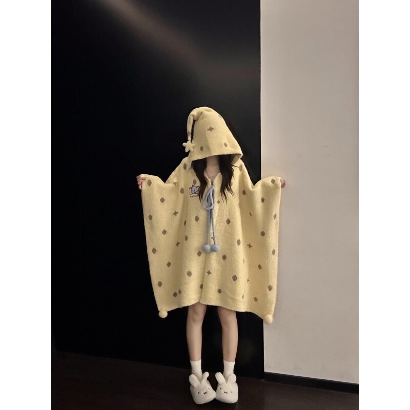 沐染家 可爱小象波点印花半边绒斗篷睡衣女秋季加厚保暖居家睡衣