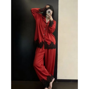 本命年红色蕾丝花边睡衣女春秋款2026年新款缎面仿真丝家居服套装