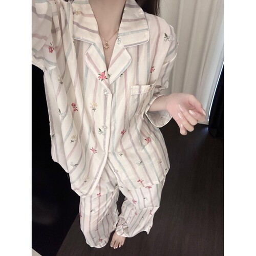 沐染家 日系甜美花卉条纹睡衣女秋季简约松弛感家居服可外穿套装