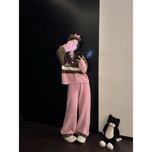 沐染家 软糯毛绒针织半边绒睡衣女冬季加厚保暖可外穿家居服套装