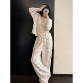 韩系可爱波点小狗印花睡衣女春秋新款 家居服套装 休闲开衫 吊带长裤