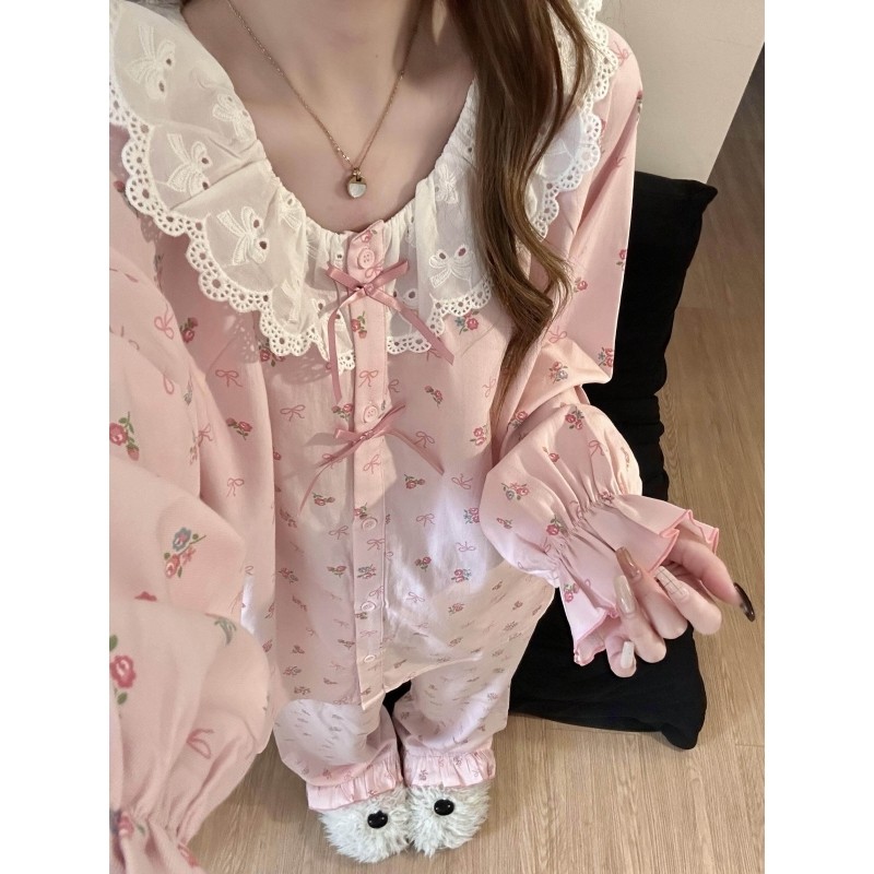 粉色甜美碎花小猫睡衣女春秋款2026年新款可爱公主风家居服两件套,女士内衣/男士内衣/家居服,睡衣/家居服套装,淘宝优惠券,粉丝福利购,淘宝优惠卷