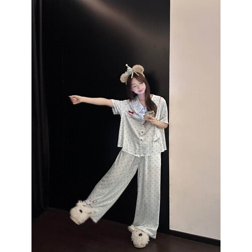 沐染家 温柔系蓝色波点睡衣女夏款新款亲肤凉感冰丝家居服两件套