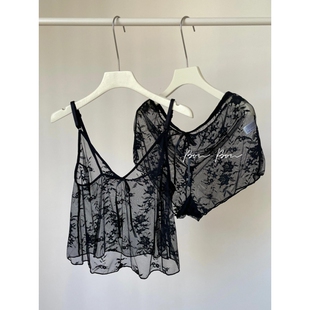 暗黑纯欲风蕾丝花边镂空吊带睡衣女夏款 家居服两件套 性感背心短裤
