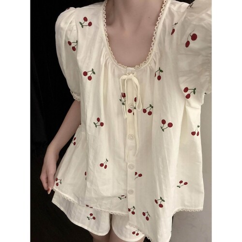 温柔风樱桃印花蕾丝边睡衣女夏季