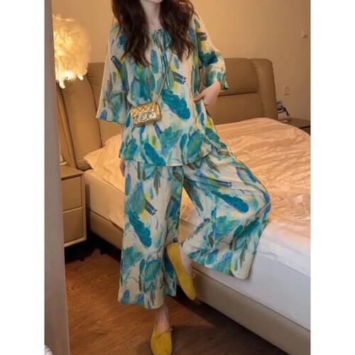 沐染家 女士大码高级感扎染印花棉绸睡衣女夏季宽松舒适居家套装