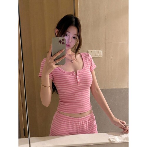 沐染家 纯欲辣妹简约条纹短袖睡衣女夏款修身显瘦家居服大码套装