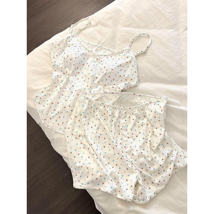 沐染 少女小清新卡通蕾丝花边吊带背心睡衣女春季大码舒适家居服