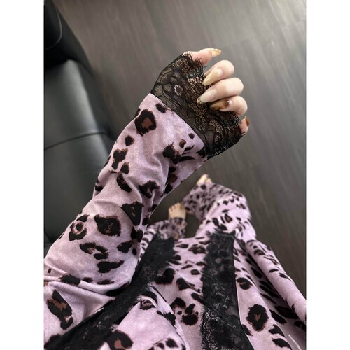 沐染家 法式蕾丝花边豹纹睡衣女秋季女士轻奢家居服气质三件套春