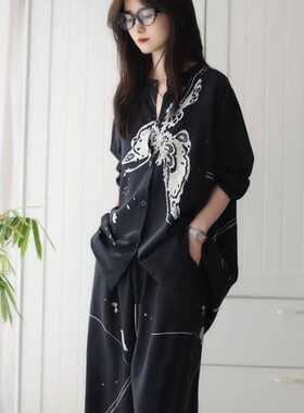 沐染家 韩版女士气质印花睡衣女夏季高级感气质可外穿棉绸套装夏
