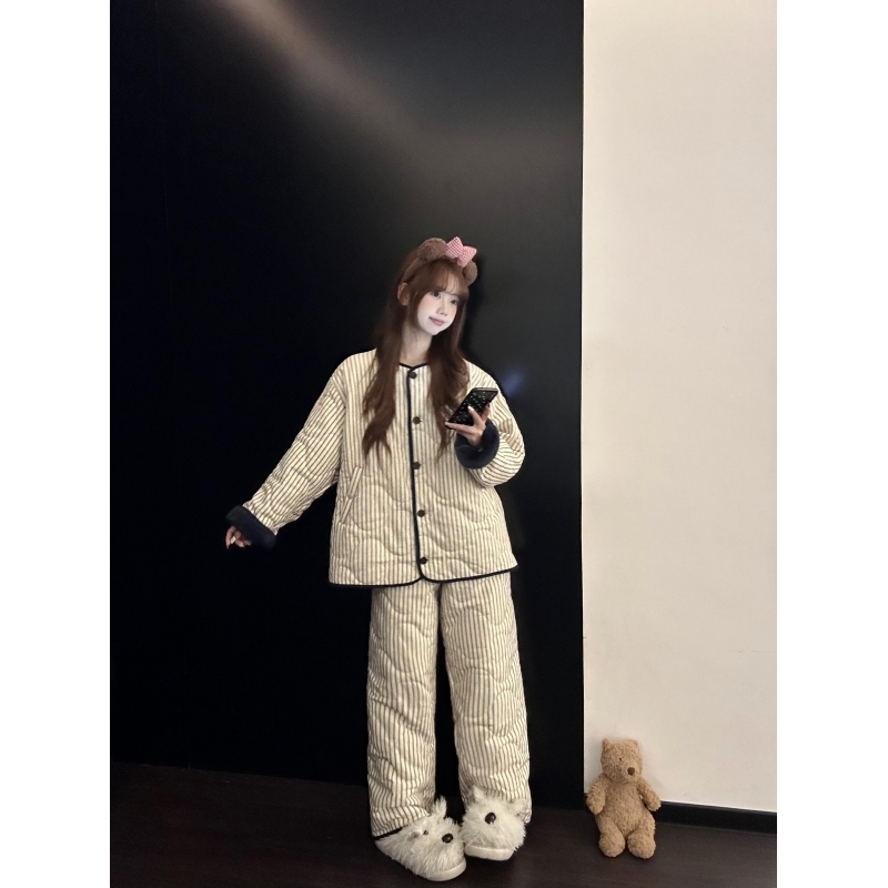 日系简约慵懒条纹夹棉睡衣冬季女2025新款加厚大码可外穿居家套装