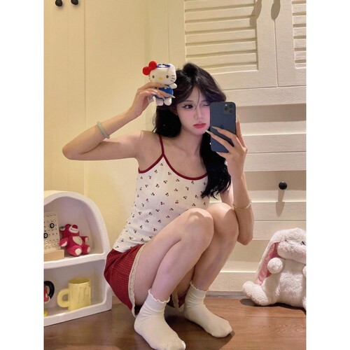 沐染家 少女甜美樱桃印花吊带睡衣女夏款新款背心短裤家居服套装