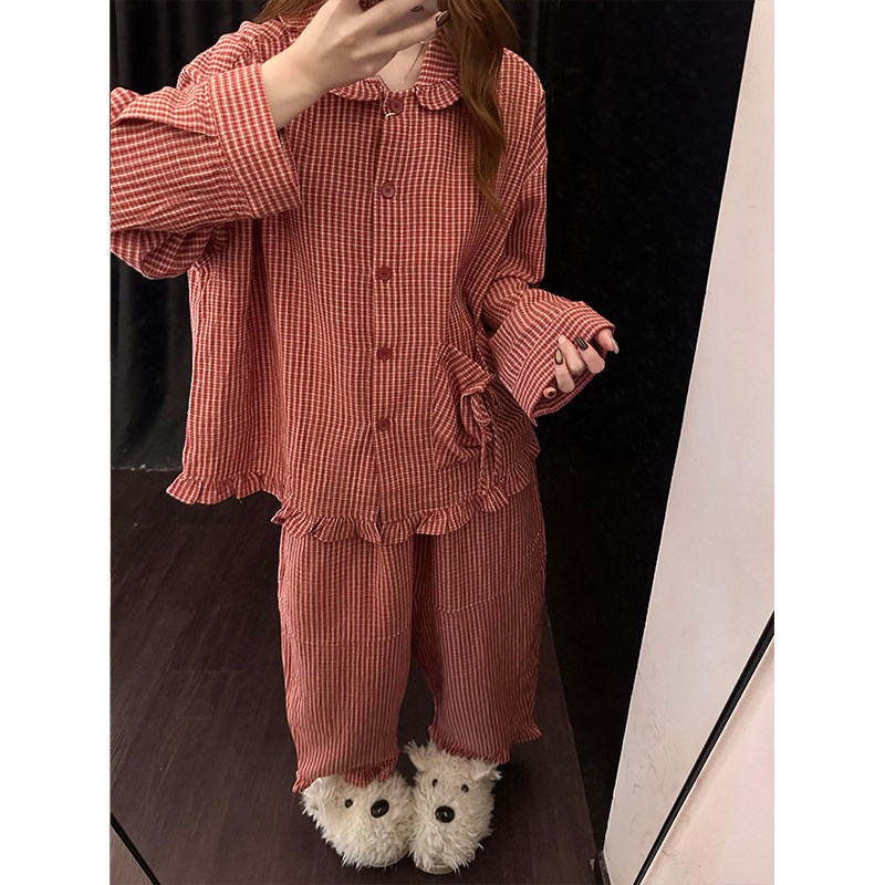 韩系复古风红白格纹开衫睡衣女2026春季新款居家拼接娃娃领两件套