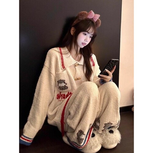 沐染家 软糯可爱卡通毛绒针织睡衣女秋季加厚开衫长裤家居服套装