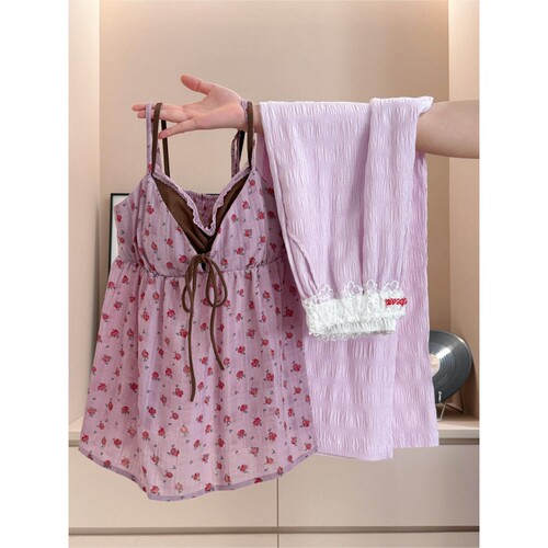 沐染家复古甜美碎花吊带睡衣女