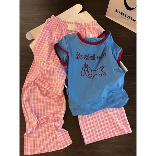 美式复古字母小狗印花睡衣女夏款