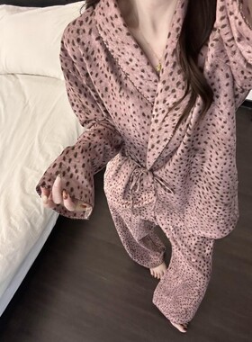 沐染家 女士豹纹系带睡衣女秋季2026年新款高级感气质家居服套装