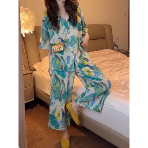 沐染家 夏天海边度假风棉绸睡衣女款女士薄款开衫长裤家居服套装