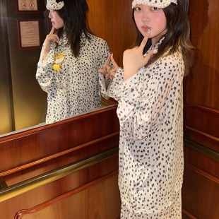 家居服套装 韩系ins设计感豹纹睡衣女新款 长裤 宽松大码 可外穿 长袖