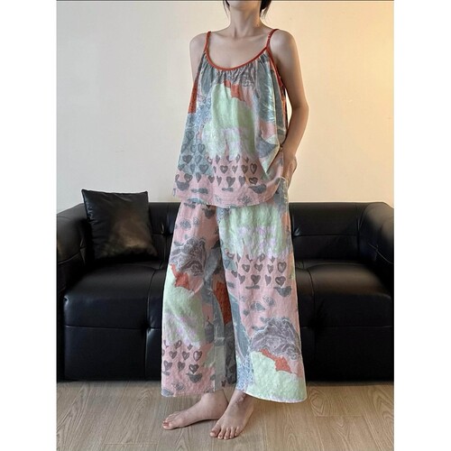 法式复古甜美油画棉绸吊带睡衣女