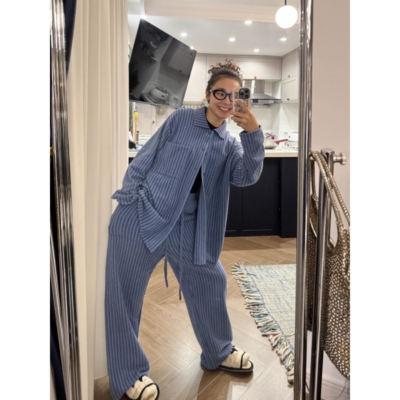 日系简约慵懒条纹加厚德绒睡衣秋冬女新款宽松舒适大码家居服套装
