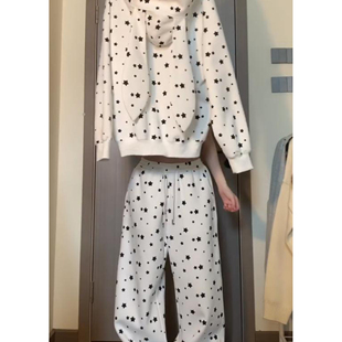 家居服套装 简约星星印花兔耳朵连帽睡衣女夏季 长裤 大码 可外穿 长袖
