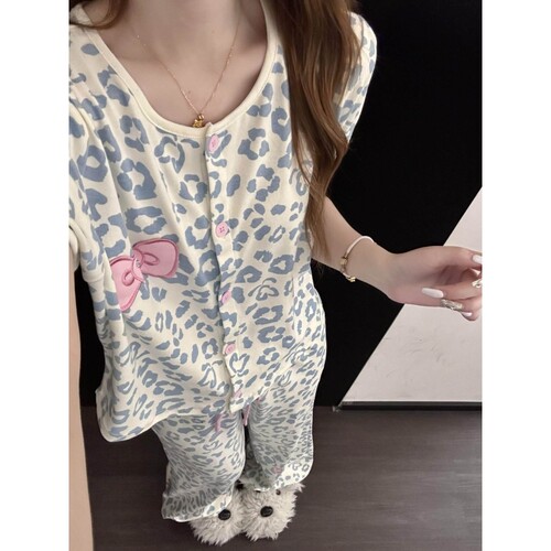 沐染家豹纹蝴蝶结大码睡衣女夏