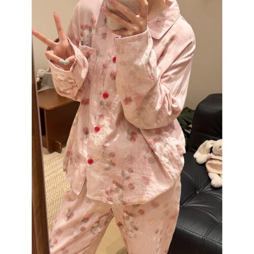 沐染家甜美粉色草莓印花睡衣女