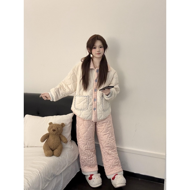 可爱卡通加厚三层夹棉棉服睡衣冬季女新款加厚保暖可外穿居家套装