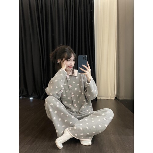 沐染家 星星印花毛绒针织睡衣冬季女加绒加厚保暖家居服外穿套装