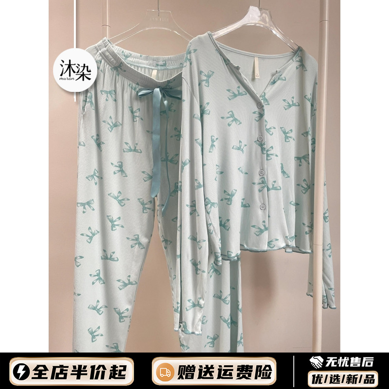 法式甜美蝴蝶结睡衣女春秋款2025新款简约休闲可外穿家居服两件套
