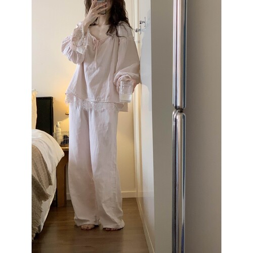 沐染家法式蕾丝花边长袖睡衣女