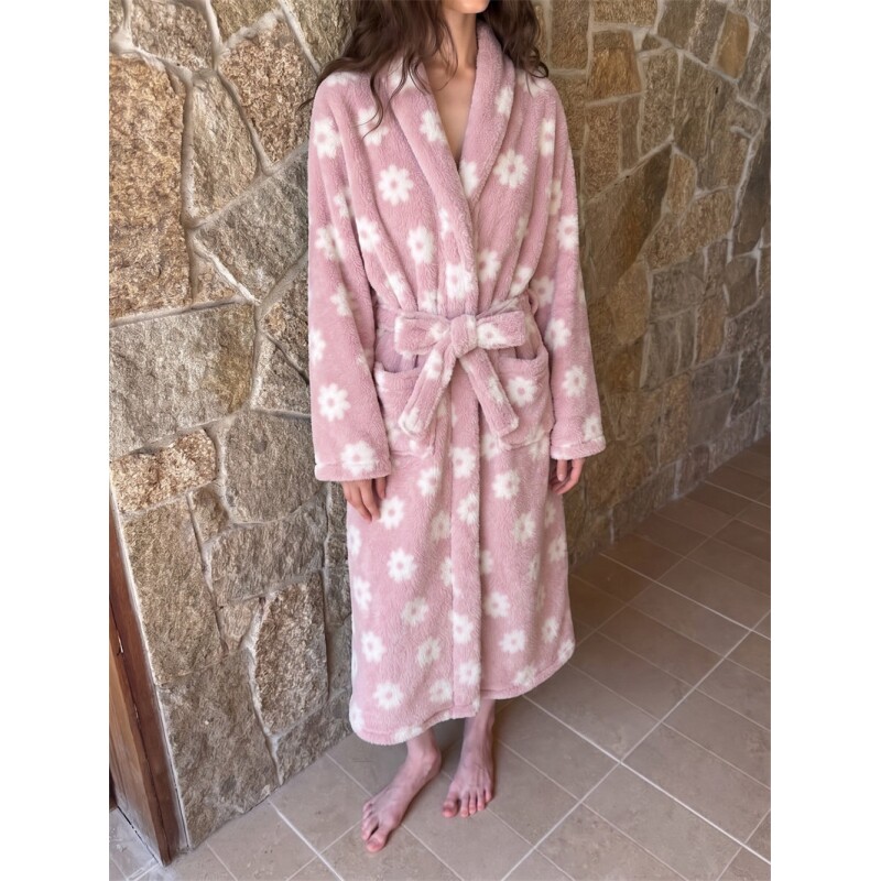 沐染家 女士优雅气质粉色花卉珊瑚绒睡袍冬季女加厚可外穿睡衣冬