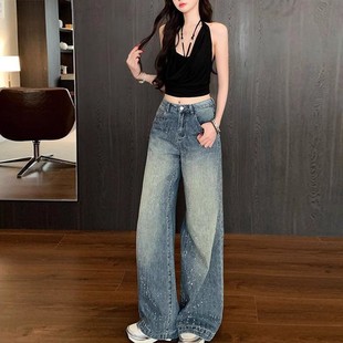 亮闪闪满天星河烫钻牛仔裤女士重工爆闪水钻阔腿裤显瘦亮钻拖地裤