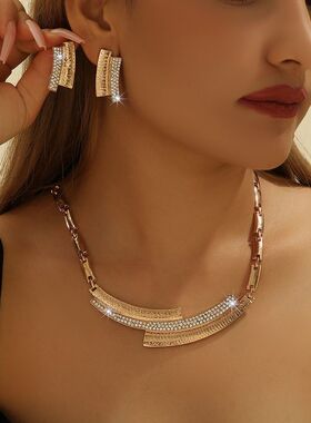 欧美热销金色锌合金镶嵌白色水钻长条项链耳环套装女饰品首饰