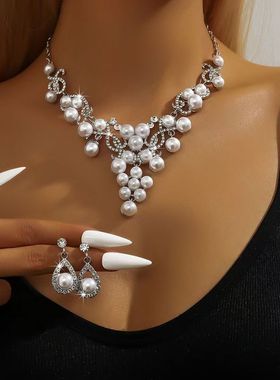 欧美珍珠项链耳环套装女时尚气质爆款合金水滴形花朵新娘礼服个性