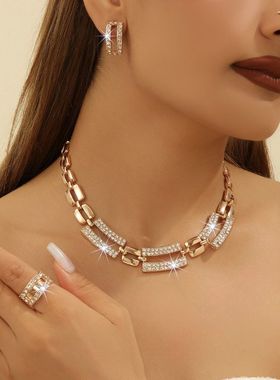 时尚夸张镶钻圆圈项链耳环戒指手链四件套饰品女士婚礼网红装饰品