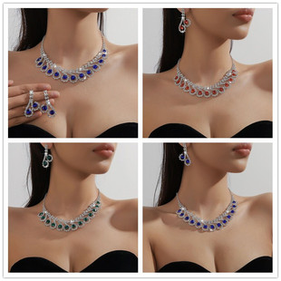 首饰品个性欧美项链耳环两件套水钻蓝绿色红色精致婚纱礼服宴会配