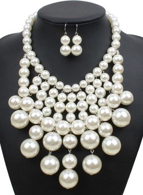 新款气质时尚多层仿珍珠项链耳环套装个性锁骨链女装饰个性女拍摄