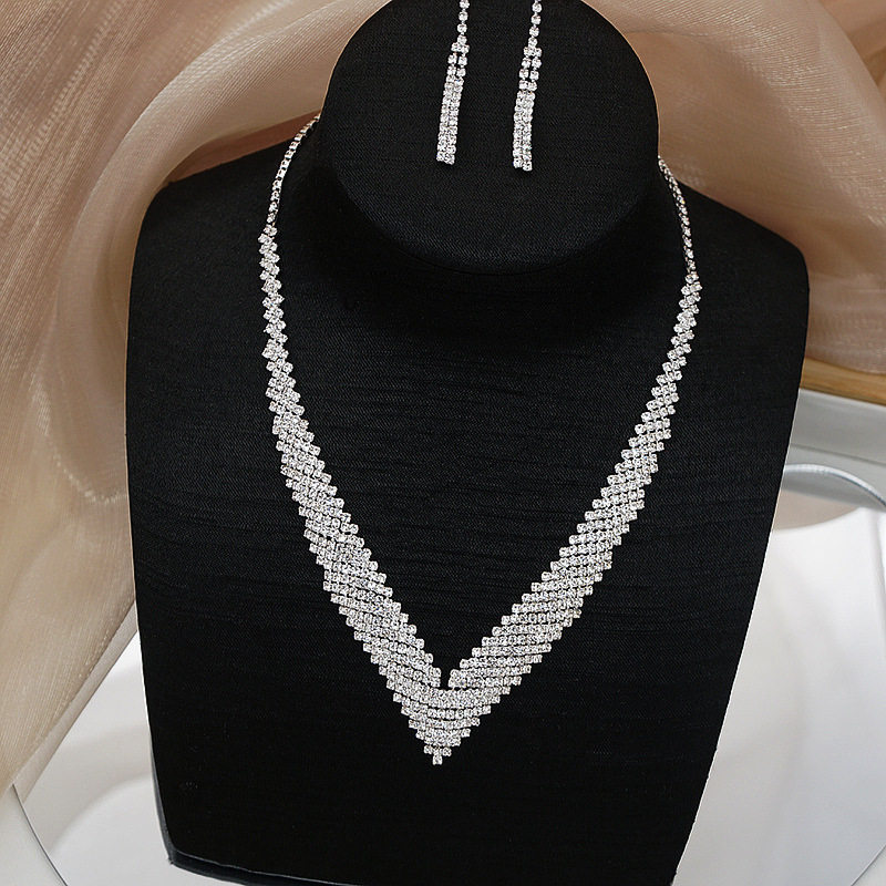 首饰女水晶满钻项链耳环二件套装锁骨链百搭欧美奢华礼服婚纱配饰