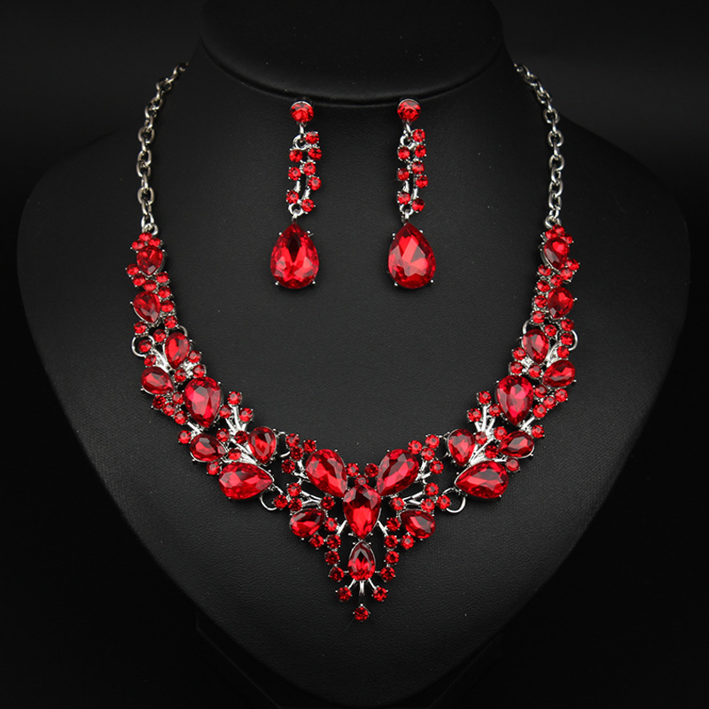 跨境电商热卖欧美时尚水晶项链耳环套装新娘婚礼首饰女饰品锁骨链