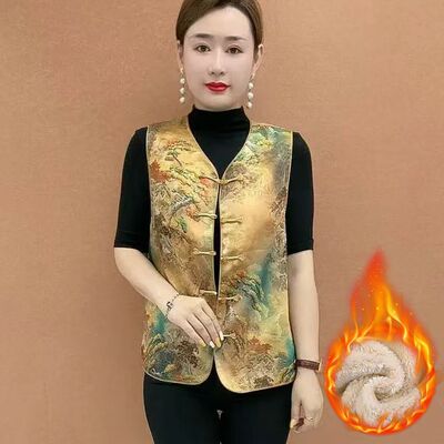 中式国风气质马甲时尚复古印花坎肩背心盘扣女装新款妈妈无袖上衣