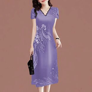 断码 夏季 清仓捡漏 中年民族风蕾丝女装 连衣裙 新款 洋气印花v领修身